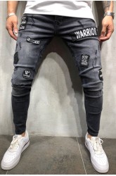 Men's Black Ripped Badge Applique Stiletto Jeans