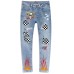 Sky Blue Plaid Ghost Print Patchwork Skinny Fit Men's Jeans