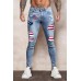 Sky Blue American Flag Graphic Print Splicing Men's Skinny Jeans