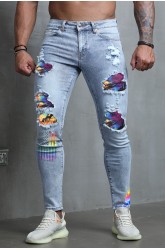 Sky Blue Tie Dye American Flag Print Patchwork Men's Skinny Jeans