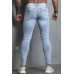 Sky Blue Skull Print Patchwork Distressed Men's Skinny Jeans
