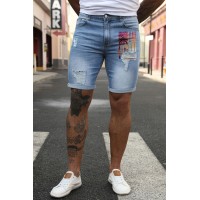 Sky Blue American Flag Graphic Print Rolled Hem Skinny Men's Denim Shorts