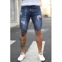 Blue Men's Basketball Printed Skinny Fit Ripped Denim Shorts
