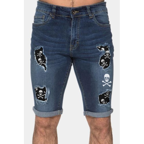 Sky Blue Skull Graphic Patchwork Distressed Skinny Fit Men's Jeans Sky Blue Skull Graphic Patchwork Distressed Skinny Fit Men's Jeans