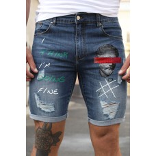 Blue Figure Letter Printed Skinny Fit Men's Denim Shorts