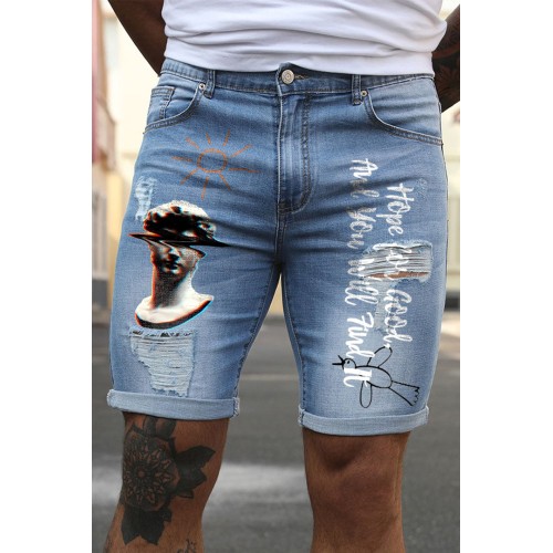 Sky Blue Letters Graphic Print Skinny Fit Distressed Men's Denim Shorts Sky Blue Letters Graphic Print Skinny Fit Distressed Men's Denim Shorts