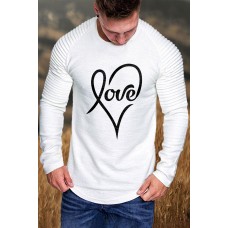 White Men's Love Heart Shape Print Pleated Long Sleeve T-shirt