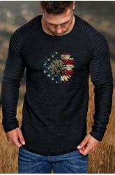 US Flag Sunflower Print Pleated Slim-fit Men's T-shirt
