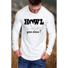 White HOWL Wolf Letter Print Pleated Sleeve Men's Top