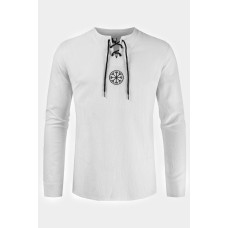 White Men's Pattern Print Lace-up Drawstring Long Sleeve Shirt