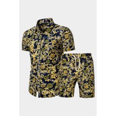 Pattern Print Men's Button Short Sleeve Shirt and Shorts Set