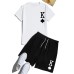 White Letter Print Short Sleeve Tee and Elastic Waist Shorts Men's Set