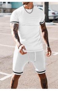 White Striped Short Sleeve T-shirt and Drawstring Shorts Men's Set