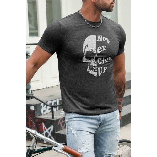Gray Never Give Up Skull Print Slim Fit Men's Graphic T Shirt Gray Never Give Up Skull Print Slim Fit Men's Graphic T Shirt