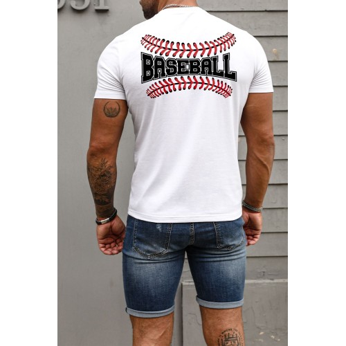 White BASEBALL Graphic Print Slim Fit Men's T Shirt White BASEBALL Graphic Print Slim Fit Men's T Shirt