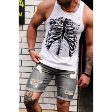 White Skeleton Print Round Neck Men's Tank Top